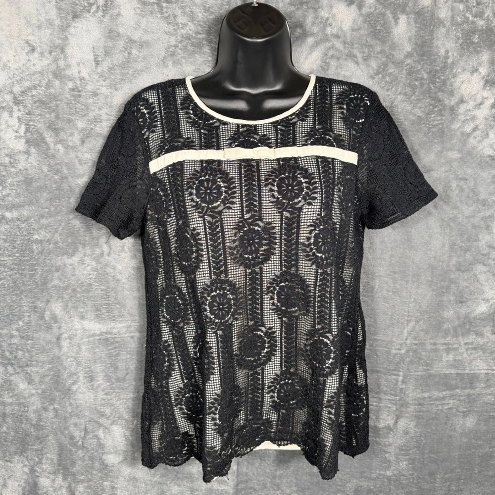 Karl Lagerfeld Paris Womens Lace Top Blouse Black Cream Short Sleeve Floral